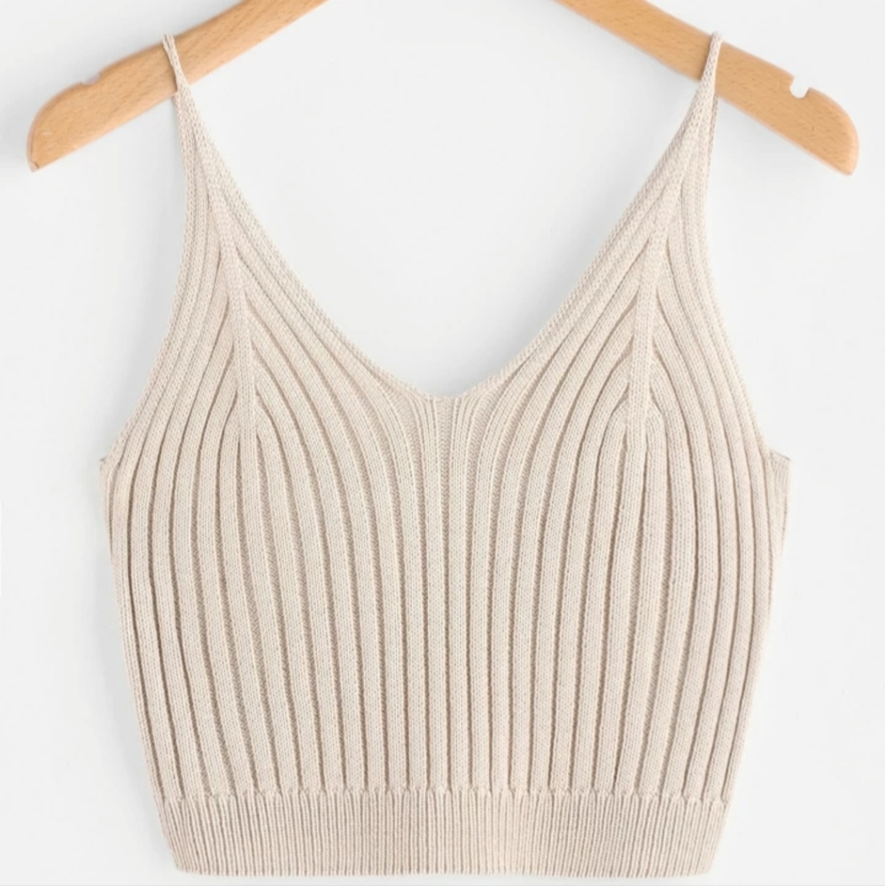 Beige Knit Sweater Cropped Cami Tank Top